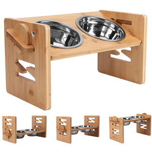 Soporte de bambú para comederos de mascotas, doble y elevado, para gatos y perros, soporte de madera para comida con tazones de acero inoxidable - Product Image 1