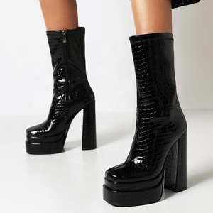 2021 Popular Double Layers Platform Shoes Ankle <b>Boots</b> Stone Print Handmade Women's Short Black Leather Big Size 43 - Product Image 2