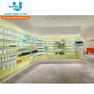 Modern Pharmacy Furniture Medical Shop <strong>Glass</strong> Wall Display Fixture Custom Pharmacy Wall Mounted <strong>Shelving</strong> - Product Image 1