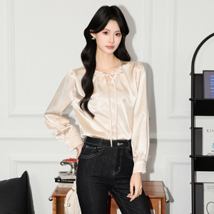 Women's French Style Round Neck Tie Front Shirt Long Sleeve Solid Color Satin Blouse Commuting Top <b>White</b> Q9840 - Product Image 4
