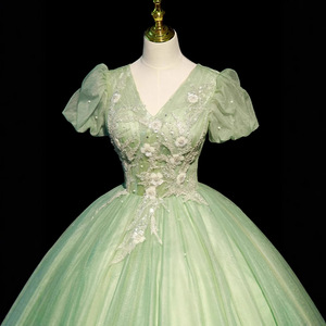 Green Ball Gown V Neck Empire Waist Floral Print Tutu Evening Dress For Coming Of Age Ceremony - Product Image 2