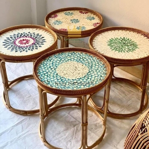 Table basse en rotin artisanale King Handicraft avec plateau en mosaïque, style méditerranéen, meubles de salon, design moderne fait main - Product Image 5