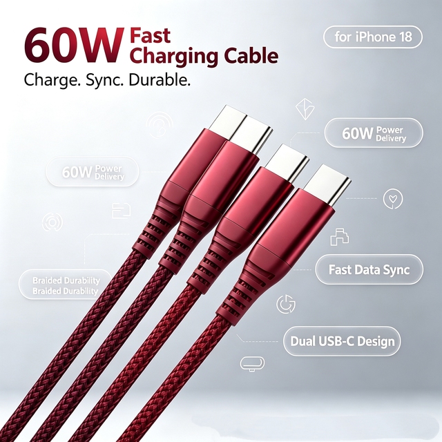 Multi Head USB C to USB C Charging Cable 60W PD Fast Charge Nylon Braided Type C Data Sync Cord for Phone Laptop