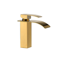 Grifo de Lavabo Cuadrado de Cascada de Una Sola Palanca en Oro Pulido, Grifo de Baño de Acero Inoxidable 304 para Montaje en Encimera