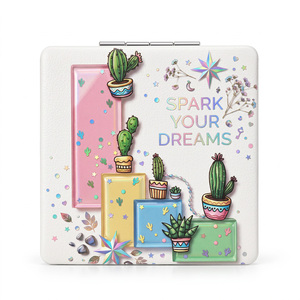 Miroir de poche compact pliable carré à paillettes liquides, motif cactus, avec logo personnalisé, pour plantes en pot, vente en gros - Product Image 2