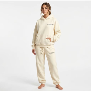 Women Men Tracksuit <b>Set</b> Custom Logo Heavyweight 400GSM Terry Streetwear Cream Oversized Hoodie and Baggy Joggers Two Piece <b>Set</b> - Product Image 1