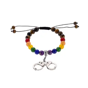New Design Fashion Jewelry Gay Bead Handcuff Charm Bracelet Rainbow Volcanic Stone Braided Bracelet Men