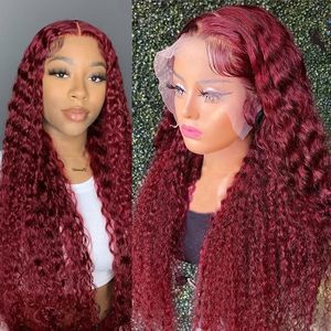 Perruques frontales en dentelle 13x4 en <span class=keywords><strong>cheveux</strong></span> humains colorées bordeaux 99j pour femmes noires, pré-épilées, bouclées, frisées, ondulées, effet Jerry, Deep Curly, Water Wave, vente en gros - Product Image 2