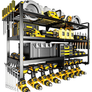 Large <b>wall</b>-<b>mounted</b> power tool storage rack, 4-tier metal multi-functional battery <b>shelf</b> with 8 drill holders - Product Image 1