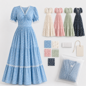 Robe longue personnalisée à imprimé floral pour <span class=keywords><strong>femme</strong></span>, manches bouffantes, col en V, style bohème à volants, idéale pour les invitées de mariage estivales - Fournisseur en gros - Product Image 5