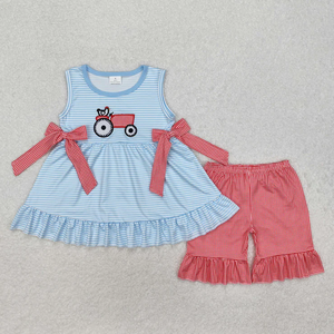 Vêtements d'été en gros pour enfants, filles et garçons, ensembles à manches courtes avec motif brodé poulet et tracteur, tenues pour bébés et tout-petits - Product Image 2
