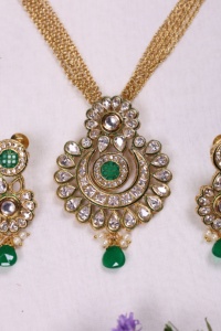 Ensemble collier et boucles d'oreilles en laiton plaqué or avec zircon et pierres vertes, motif floral, bijoux de mariage vintage pour femmes - Product Image 4