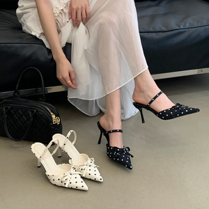 2026 New Arrival Satin Pointed Toe Polka Dot Bowknot Slingback Sandals Thin Ankle Strap Elegant Women Party High Heels - Product Image 1