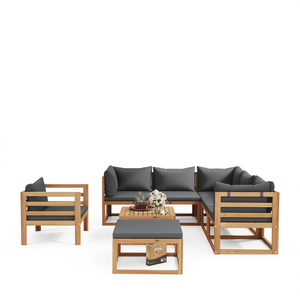 Ensemble de salon de jardin en bois d'acacia massif, 8 pièces, gris foncé, mobilier d'extérieur, design contemporain, sièges modulaires résistants aux intempéries - Product Image 1