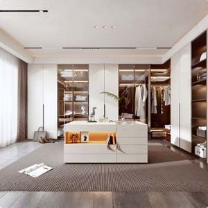 Armoire de chambre à coucher moderne en laque blanche avec portes en verre et éclairage LED - Organisateur de vêtements de style villa - Product Image 2