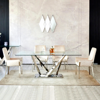 Table à manger rectangulaire moderne en verre trempé transparent avec base en acier inoxydable et structure métallique, capacité 6 personnes, pour maison, villa, hôtel