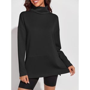 Sweat-shirt oversize à col roulé pour femme, manches longues, coupe ample, fentes latérales, pull tunique asymétrique en maille respirante - Product Image 2