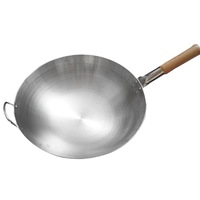 Wok professionnel en acier inoxydable sans revêtement, avec manche en bois, anti-rouille, anti-adhésif, pour cuisinière à gaz, restaurant, hôtel, cuisine