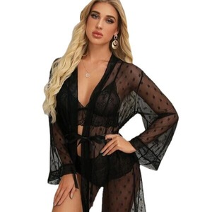 Manches longues transparent Sexy Lingerie femmes dentelle maille nuit jarretelle jupe chemise de nuit trois pièces ensemble - Product Image 5