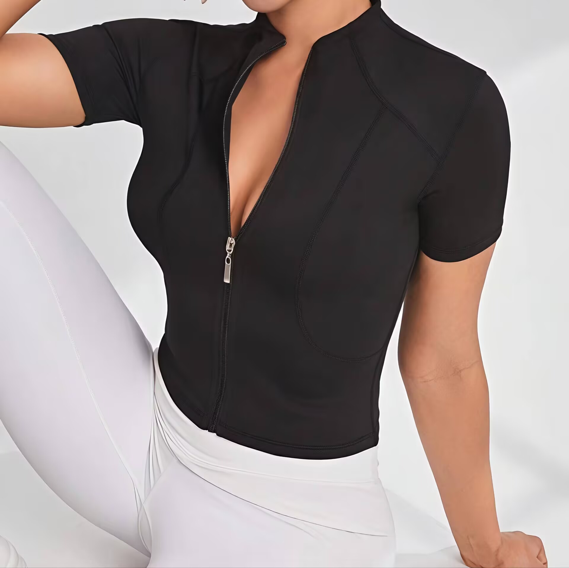 Custom Short-sleeve Zip-up Sports Top Breathable Outdoor Solid Color Sportswear Women Top for Sports Clothing Yoga Tops