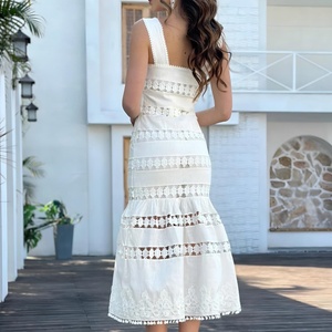 Elegante Vestido de Lino y Algodón con Cuello Cuadrado, Casual, Sin Mangas, Bordado, de Verano, con Encaje para Mujer - Product Image 2