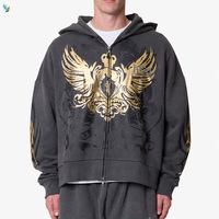 Sweat-shirt oversize vintage baroque pour homme, gris foncé, imprimé ailes dorées, fermeture éclair, capuche