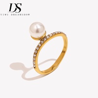 Bague fine en acier inoxydable plaqué or avec perle et zircon, design épuré, bijou tendance Dreamshow