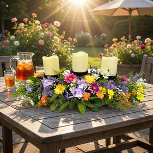 Centro de Mesa de 26 Pulgadas para Primavera/Verano con 3 Portavelas, Centro de Mesa Floral con Margaritas y Flores Silvestres para Mesa de Comedor - Product Image 3