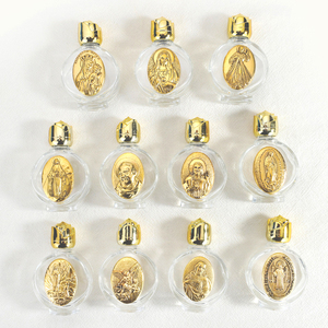Botella de vidrio de agua bendita en relieve de 15ml, aceite de esencia de metal chapado en oro y plata cristiano católico Jesús Virgen María Michael Benedict - Product Image 1
