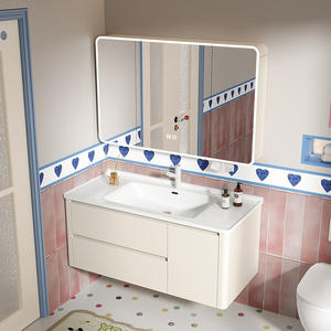 Customized wall mounted cream <b>oak</b> style environmentally friendly intelligent mirror integrated bathroom cabinet - Product Image 3