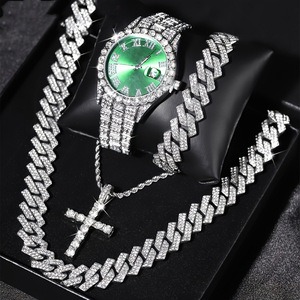 Montre à quartz en acier inoxydable pour homme, ensemble de bijoux tendance hip-hop, bracelet chaîne cubaine, collier, cadeau, aiguilles en verre – Vente chaude - Product Image 2