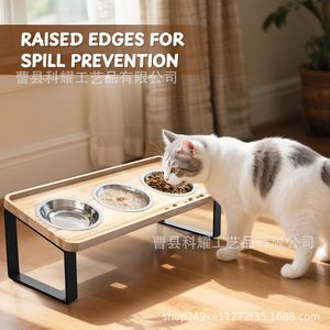 <b>Cat</b> <b>Bowl</b> Stand Wooden Elevated Feeding Station For <b>Cats</b> With Stainless Steel <b>Bowls</b> Natural Wood Color - Product Image 4