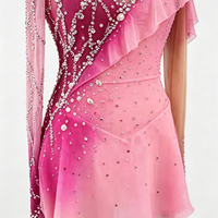 Robe de patinage artistique à manches longues dégradé rose magenta, ornée de strass faits à la main et de volants en maille, pour filles et adultes