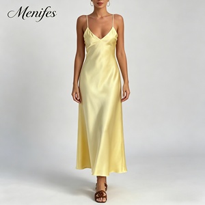 Vestido Midi Elegante Personalizado <span class=keywords><strong>para</strong></span> Mujer, Amarillo Satinado, Cuello en V, Tirantes Finos, Espalda Descubierta, <span class=keywords><strong>para</strong></span> Eventos Formales, Bodas, Cócteles - Product Image 2