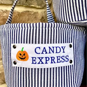 Lừa Hoặc Điều Trị Trẻ Em Tote Túi Kẹo Giỏ Trống Seersucker Sọc Trống Halloween Xô