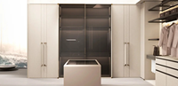 Système de placards sur mesure, design moderne, armoires de chambre à coucher, meubles en mélamine, placard gain de place avec porte à charnière et porte vitrée
