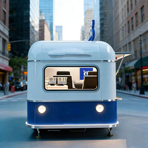 Chariot mobile bleu et blanc à 4 roues en acier inoxydable avec espace de siège pour la vente de glaces, de restauration rapide, de produits de marché nocturne et les opérations de salon décontracté - Product Image 5