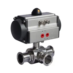 1 zoll 3 Way Tri Clamp Sanitary 304 Stainless Steel Pneumatic Actuated Food Grade Ball Valve