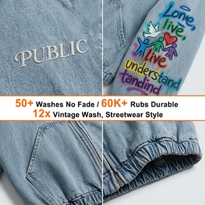 OEM/ODM High-End Custom Streetwear Boxy Fit Hand Drawn Printing Denim Hoodie Flat Embroidery Acid Wash Loose Men's Zipper Hoodie - Product Image 2