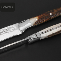 Ensemble de couteaux à steak Laguiole de luxe en acier inoxydable, lame dentelée, qualité supérieure, manche en bois de cerf, logo gravé au laser