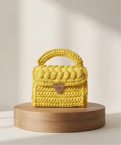 Bolso Trenzado Amarillo Alegre Hecho a Mano, Moderno y Elegante con Perlas, Dos Correas, Estilo Boho, Tejido de Cordón de Algodón, a Buen Precio - Product Image 1