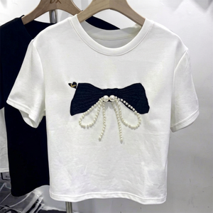 Camiseta Corta Blanca para Mujer, Estilo Dulce, Manga Corta, Cuello Redondo, 100% Algodón, Ecológica, Transpirable, Primavera Verano - Product Image 1