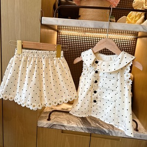 Nuovo Arrivo: Completo Estivo Due Pezzi per Ragazze, Stile Chic con Colletto Peter Pan a Pois e Ricamo <span class=keywords><strong>Margherita</strong></span>, <span class=keywords><strong>Abbigliamento</strong></span> per Bambine - Product Image 2