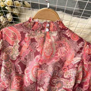 Robe longue à col montant en maille à manches longues à volants imprimée à <span class=keywords><strong>taille</strong></span> unique, robe ample à manches lanternes, robe longue à volants - Product Image 3