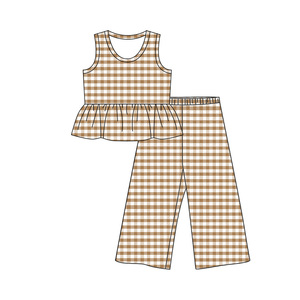GSSO2309 Ensemble sans manches personnalisé pour petite fille active, imprimé à carreaux jaunes, vente en gros pour enfants - Product Image 6
