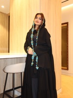 Abaya de luxe noire Hafizah, Kaftan de Dubaï, Robe longue élégante à appliques florales turquoise, Kimono ouvert pour femmes musulmanes modestes