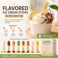 Bâtonnets de crème glacée en bois, disponibles en plusieurs saveurs, innovants et amusants.