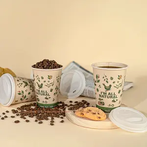 사용자 정의 인쇄 파티 피크닉 BPA 무료 생분해 성 에코 뜨거운 음료 대나무 섬유 PLA 뚜껑 일회용 커피 종이 컵