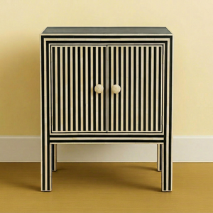 Mesita de Noche Artesanal Ecológica con Incrustaciones de Hueso, Diseño Moderno, Forma Redonda, Patrón de Rayas en Cascada - Product Image 1