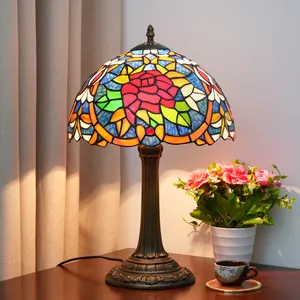 Tiffany Style Table Lamp Stained Glass Bedside Lamp Red Rose Desk Reading Light Decor Bedroom Living Room Home Office